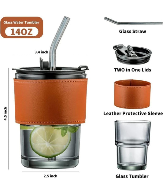 Premium Amber Glass Tumbler with Leather Sleeve & 2-in-1 Flip Lid (With Glass Straw)