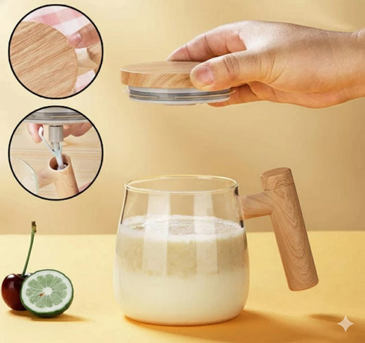 One-Touch Electric Coffee Stirring Mug – Wooden Style, 400ml Glass Pot