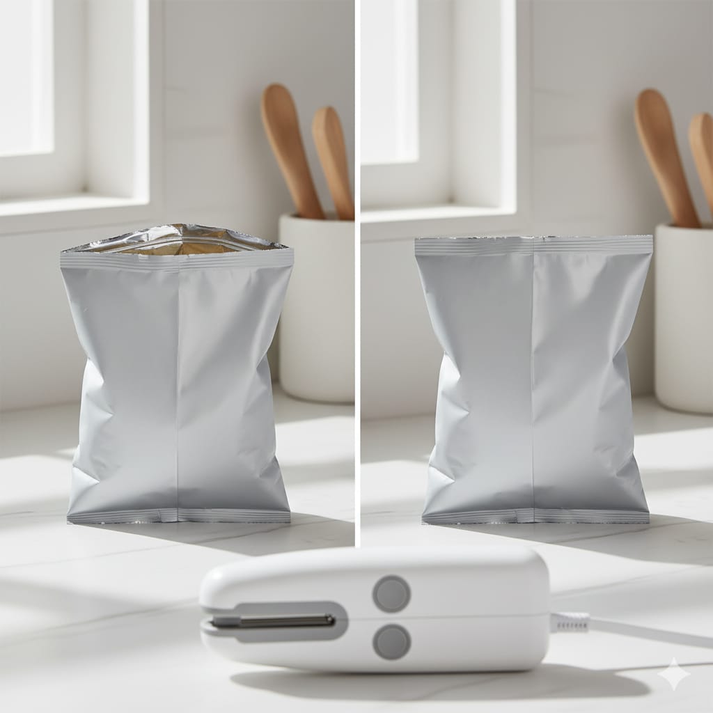 Mini Portable Heat Sealing Machine for Plastic Bags | USB Rechargeable 2-in-1 Handheld Heat Sealer & Cutter | Food Bag Resealer (99 mm)