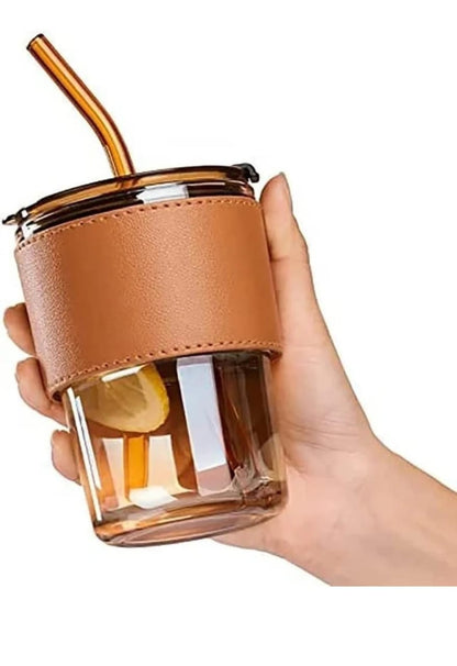 Premium Amber Glass Tumbler with Leather Sleeve & 2-in-1 Flip Lid (With Glass Straw)