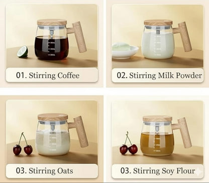 One-Touch Electric Coffee Stirring Mug – Wooden Style, 400ml Glass Pot