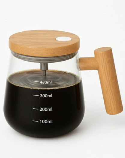 One-Touch Electric Coffee Stirring Mug – Wooden Style, 400ml Glass Pot