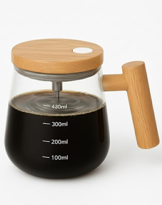 One-Touch Electric Coffee Stirring Mug – Wooden Style, 400ml Glass Pot
