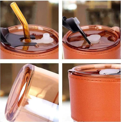 Premium Amber Glass Tumbler with Leather Sleeve & 2-in-1 Flip Lid (With Glass Straw)