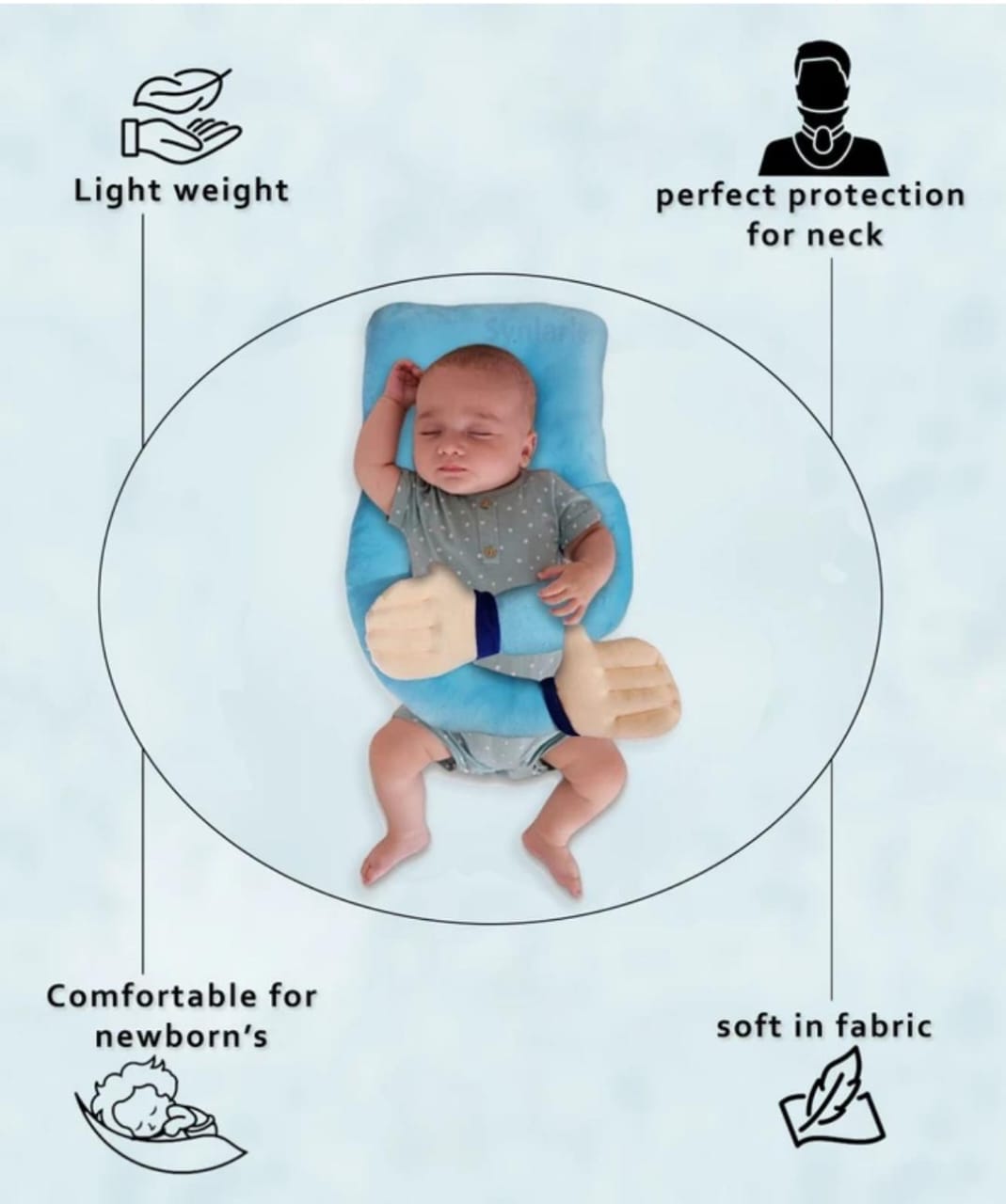 Baby Hugging Pillow – Sky Blue | Soft Head & Neck Support Cushion for Newborns