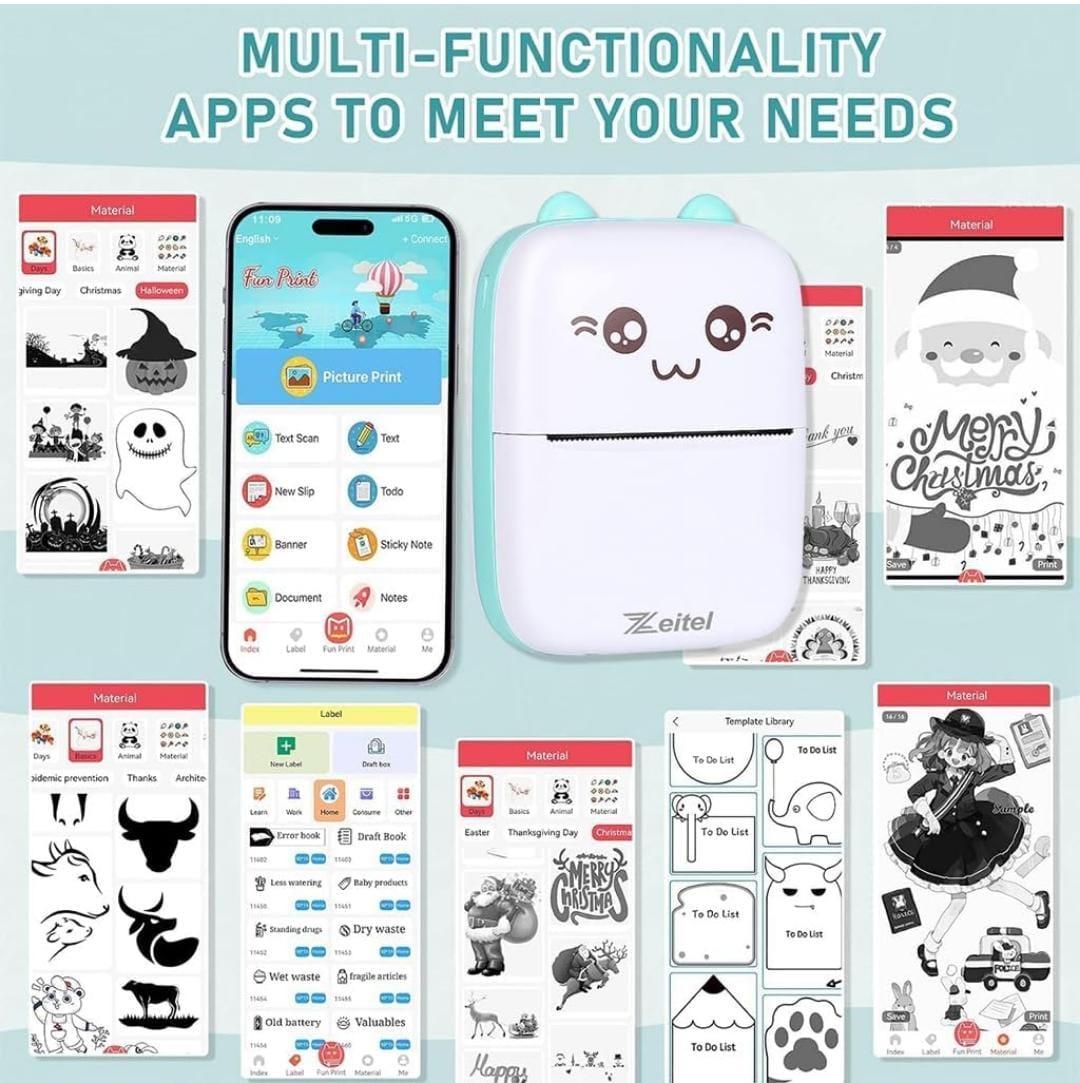 Mini Thermal Printer – Portable Bluetooth Inkless Photo & Label Printer (Cute Cat Design)
