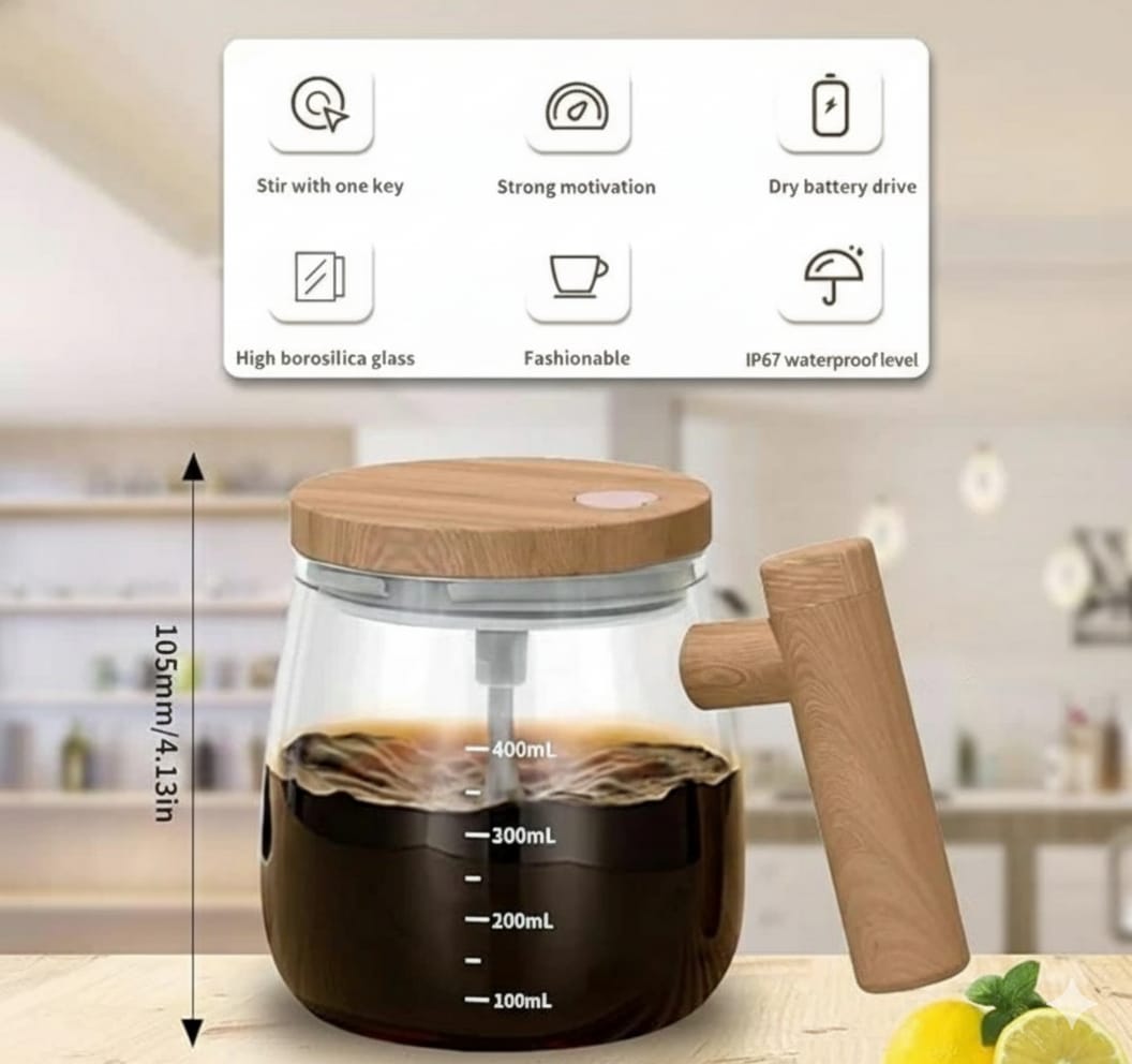 One-Touch Electric Coffee Stirring Mug – Wooden Style, 400ml Glass Pot
