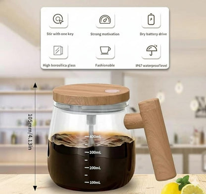 One-Touch Electric Coffee Stirring Mug – Wooden Style, 400ml Glass Pot