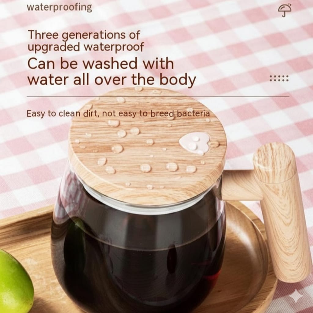 One-Touch Electric Coffee Stirring Mug – Wooden Style, 400ml Glass Pot